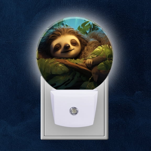 Night Light Plug into Wall,Dusk to Dawn Sensor Auto-On/Off for Bathroom, Hallway,Kids Room-Cute Sloth Sleeping On Tree Surrounded By Leaves