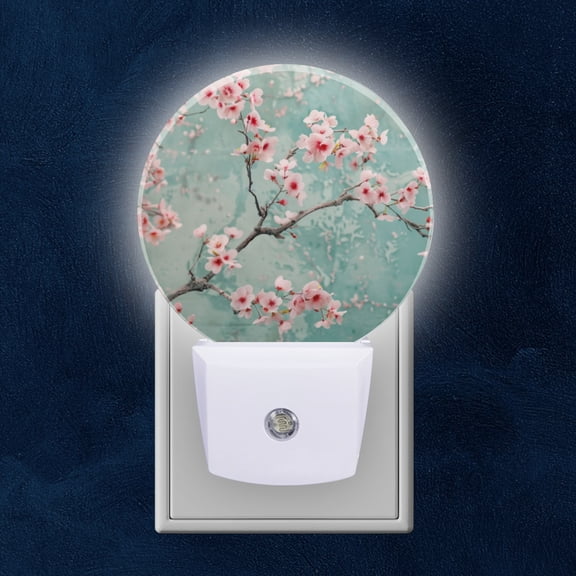 Night Light Plug into Wall,Dusk to Dawn Sensor Auto-On/Off for Bathroom, Hallway,Kids Room-Delicate Pink Cherry Blossoms Adorn Aqua-Colored Wall