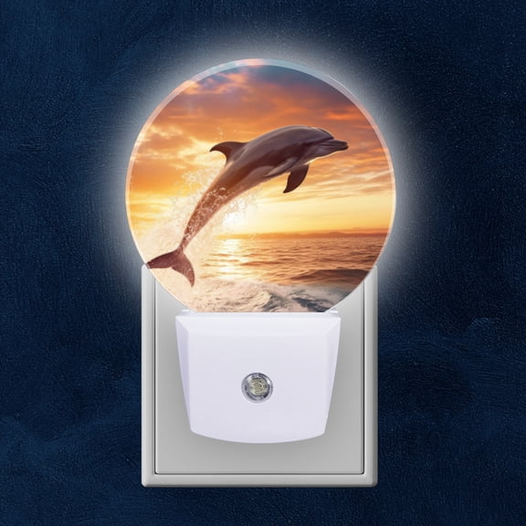 Night Light Plug into Wall,Dusk to Dawn Sensor Auto-On/Off for Bathroom, Hallway,Kids Room-Dolphin Jumping Out Of The Water At Sunset