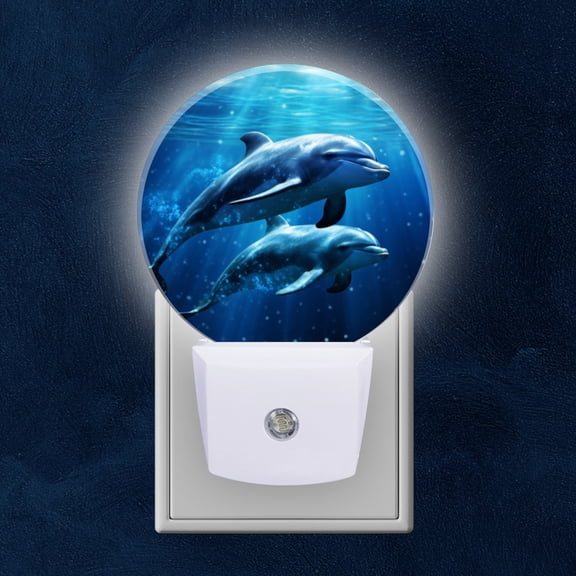 Night Light Plug into Wall,Dusk to Dawn Sensor Auto-On/Off for Bathroom, Hallway,Kids Room-Dolphins Swimming In The Deep Blue Sea