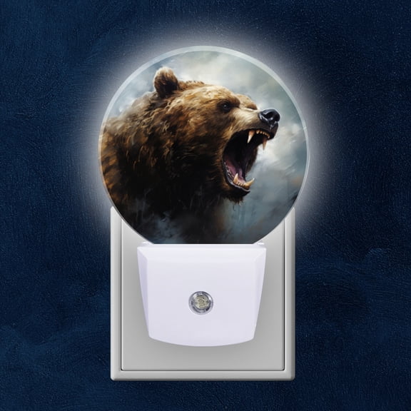 Night Light Plug into Wall,Dusk to Dawn Sensor Auto-On/Off for Bathroom, Hallway,Kids Room-Fierce Grizzly Bear Roaring In The Stormy Night