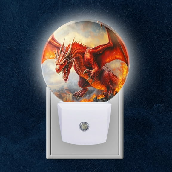 Night Light Plug into Wall,Dusk to Dawn Sensor Auto-On/Off for Bathroom, Hallway,Kids Room-Fire Dragon With Black Horns And Wings Spread Wide