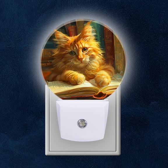 Night Light Plug into Wall,Dusk to Dawn Sensor Auto-On/Off for Bathroom, Hallway,Kids Room-Ginger Cat With Golden Eyes Sits On Open Book