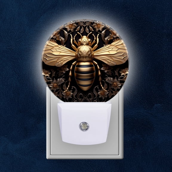 Night Light Plug into Wall,Dusk to Dawn Sensor Auto-On/Off for Bathroom, Hallway,Kids Room-Golden Bee On Black Background