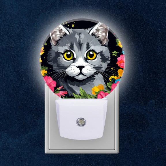 Night Light Plug into Wall,Dusk to Dawn Sensor Auto-On/Off for Bathroom, Hallway,Kids Room-Gray Cat With Yellow Eyes Surrounded By Flowers
