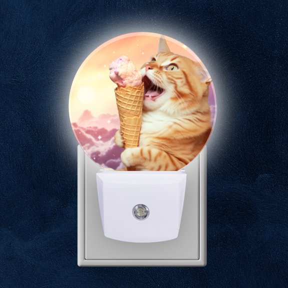 Night Light Plug into Wall,Dusk to Dawn Sensor Auto-On/Off for Bathroom, Hallway,Kids Room-Happy Orange Cat Eating Ice Cream In The Sky