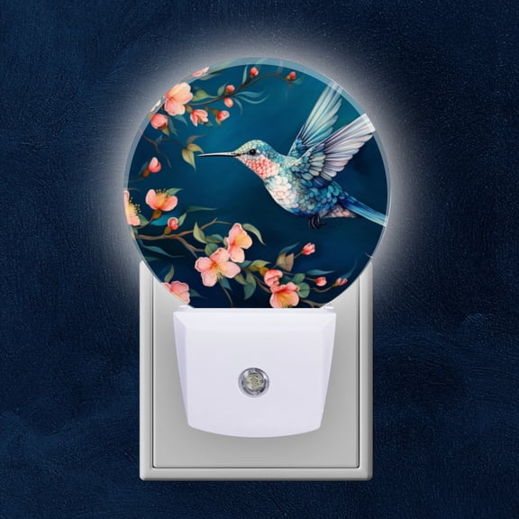 Night Light Plug into Wall,Dusk to Dawn Sensor Auto-On/Off for Bathroom, Hallway,Kids Room-Hummingbird Hovering In The Blooming Peach Blossoms