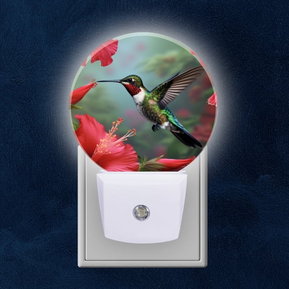 Night Light Plug into Wall,Dusk to Dawn Sensor Auto-On/Off for Bathroom, Hallway,Kids Room-Hummingbird Hovering Near Vibrant Red Hibiscus Flowers