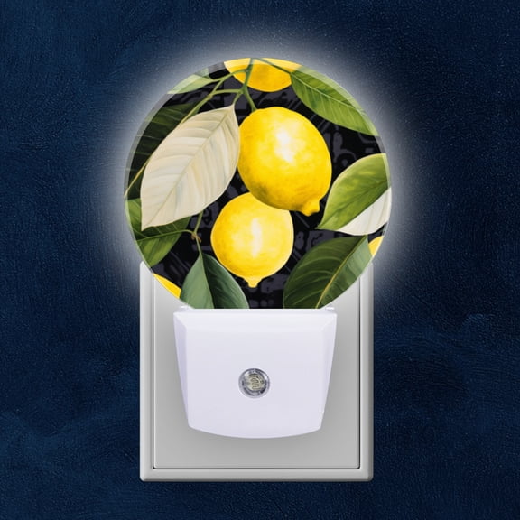 Night Light Plug into Wall,Dusk to Dawn Sensor Auto-On/Off for Bathroom, Hallway,Kids Room-Leaves And Lemons Pattern On Black Background