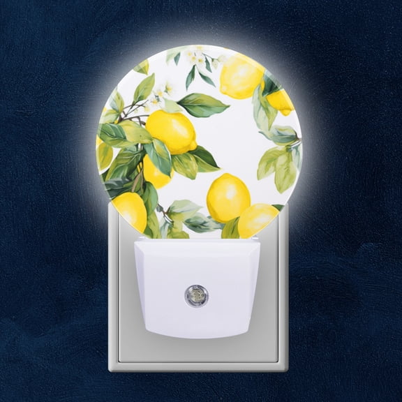 Night Light Plug into Wall,Dusk to Dawn Sensor Auto-On/Off for Bathroom, Hallway,Kids Room-Lemons And Leaves With Watercolor Style