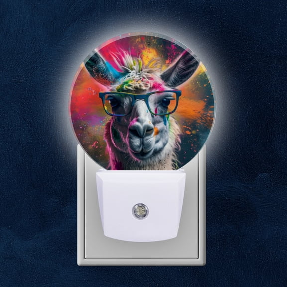 Night Light Plug into Wall,Dusk to Dawn Sensor Auto-On/Off for Bathroom, Hallway,Kids Room-Llama With Glasses And Colorful Paint Splashes
