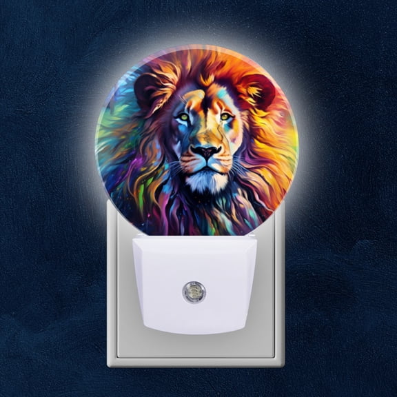 Night Light Plug into Wall,Dusk to Dawn Sensor Auto-On/Off for Bathroom, Hallway,Kids Room-Majestic Lion Stands In An Rainbow Colors
