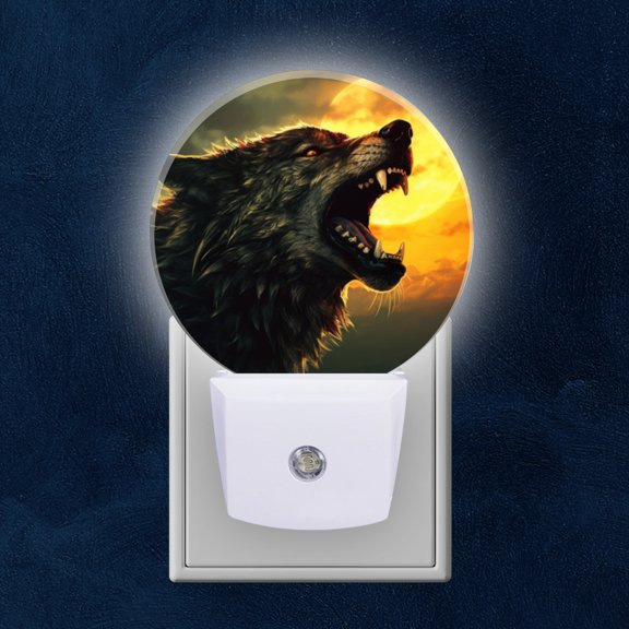 Night Light Plug into Wall,Dusk to Dawn Sensor Auto-On/Off for Bathroom, Hallway,Kids Room-Majestic Wolf Howling At The Moon