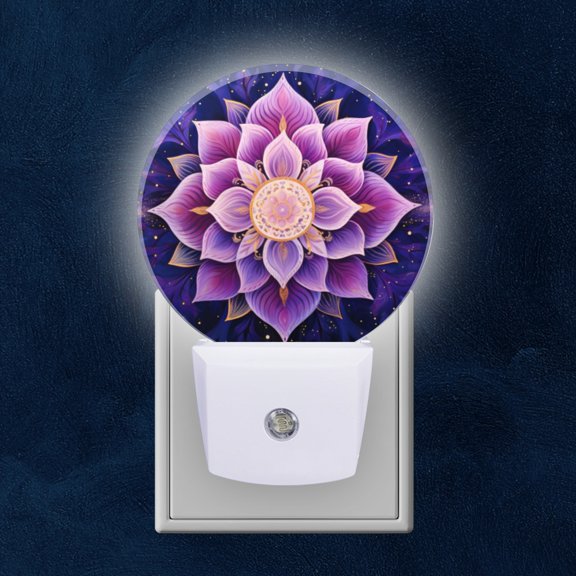 Night Light Plug into Wall,Dusk to Dawn Sensor Auto-On/Off for Bathroom, Hallway,Kids Room-Mandala Lotus Flower With Purple Petals And Golden Center