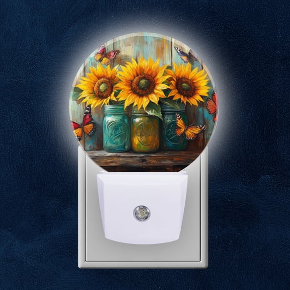 Night Light Plug into Wall,Dusk to Dawn Sensor Auto-On/Off for Bathroom, Hallway,Kids Room-Mason Jar With Sunflowers And Butterflies