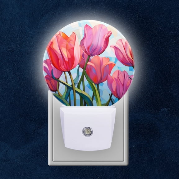 Night Light Plug into Wall,Dusk to Dawn Sensor Auto-On/Off for Bathroom, Hallway,Kids Room-Oil Painting Of Pink Tulips In The Mosaic Style