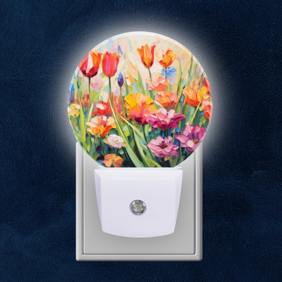 Night Light Plug into Wall,Dusk to Dawn Sensor Auto-On/Off for Bathroom, Hallway,Kids Room-Oil Painting Of Tulips And Other Flowers In The Sun