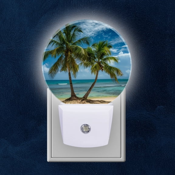 Night Light Plug into Wall,Dusk to Dawn Sensor Auto-On/Off for Bathroom, Hallway,Kids Room-Palm Trees On The Beach With Clear Blue Sky And Clouds