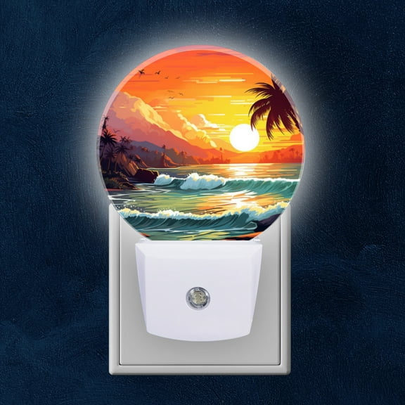 Night Light Plug into Wall,Dusk to Dawn Sensor Auto-On/Off for Bathroom, Hallway,Kids Room-Palm Trees Swaying In The Wind And Waves Crashing