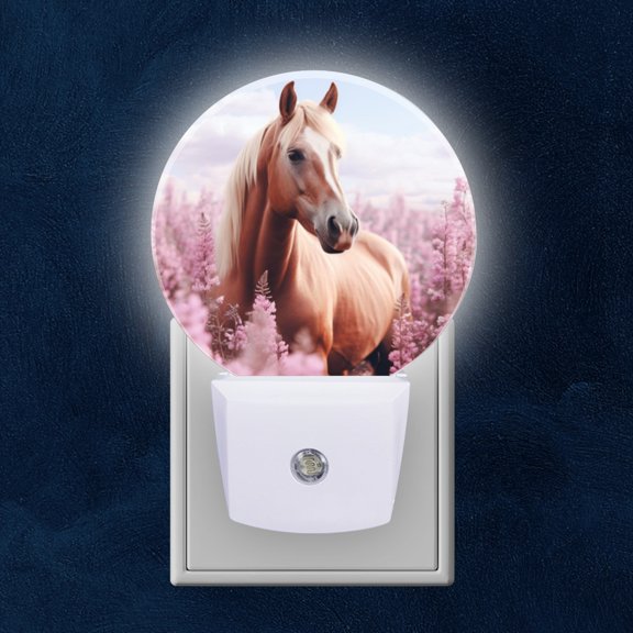 Night Light Plug into Wall,Dusk to Dawn Sensor Auto-On/Off for Bathroom, Hallway,Kids Room-Palomino Horse In Pink Field Of Flowers