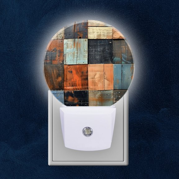 Night Light Plug into Wall,Dusk to Dawn Sensor Auto-On/Off for Bathroom, Hallway,Kids Room-Patchwork Of Various Textured And Colored Wooden Squares