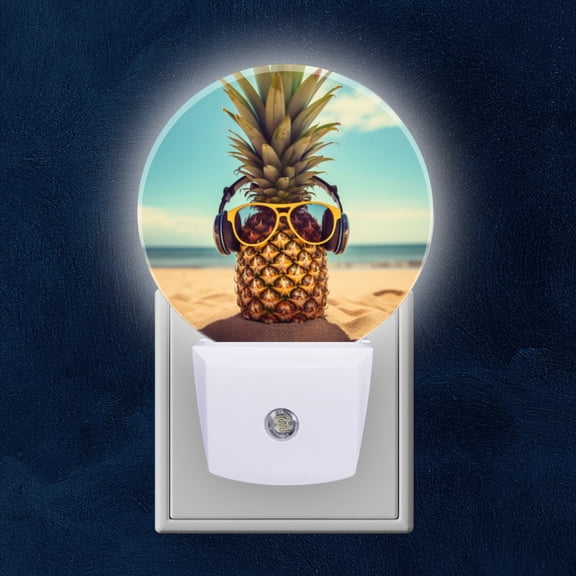 Night Light Plug into Wall,Dusk to Dawn Sensor Auto-On/Off for Bathroom, Hallway,Kids Room-Pineapple Wearing Sunglasses And Headphones On Beach