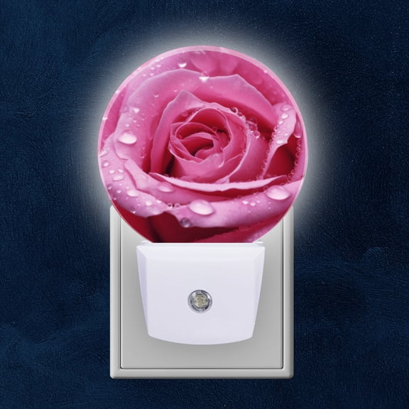 Night Light Plug into Wall,Dusk to Dawn Sensor Auto-On/Off for Bathroom, Hallway,Kids Room-Pink Rose With Water Droplets Vibrant Colors