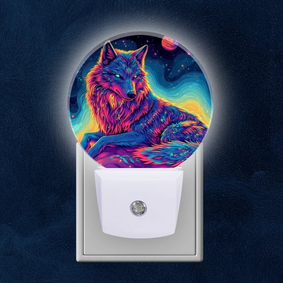 Night Light Plug into Wall,Dusk to Dawn Sensor Auto-On/Off for Bathroom, Hallway,Kids Room-Psychedelic Wolf With Vibrant Neon Colors