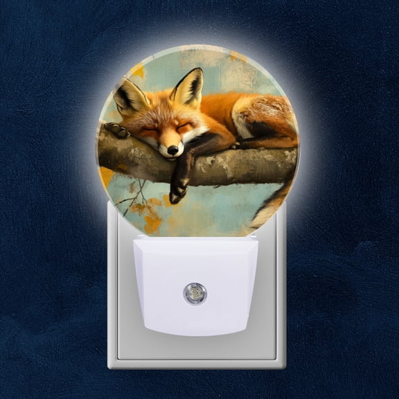 Night Light Plug into Wall,Dusk to Dawn Sensor Auto-On/Off for Bathroom, Hallway,Kids Room-Red Fox Sleeps Peacefully On Tree Branch