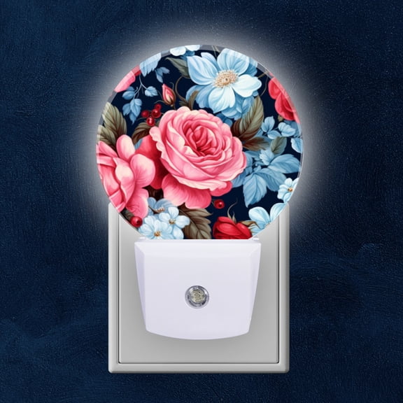 Night Light Plug into Wall,Dusk to Dawn Sensor Auto-On/Off for Bathroom, Hallway,Kids Room-Roses And Blue Flowers On A Dark Background