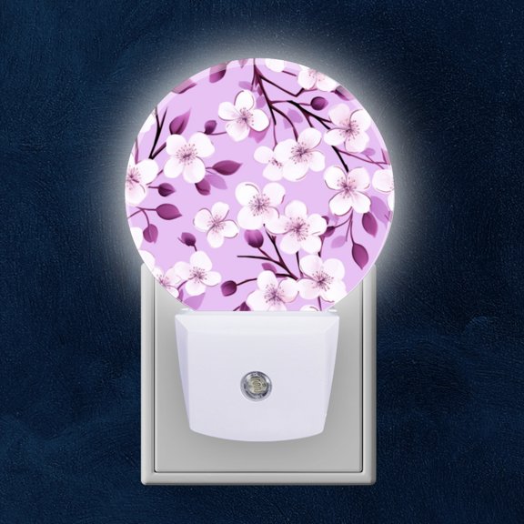 Night Light Plug into Wall,Dusk to Dawn Sensor Auto-On/Off for Bathroom, Hallway,Kids Room-Seamless Pattern With Cherry Blossoms On Purple Background