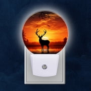 Night Light Plug into Wall,Dusk to Dawn Sensor Auto-On/Off for Bathroom, Hallway,Kids Room-Silhouette Of Deer Against Sunset, With Forest Lake