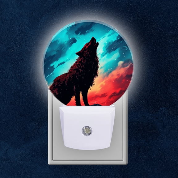Night Light Plug into Wall,Dusk to Dawn Sensor Auto-On/Off for Bathroom, Hallway,Kids Room-Silhouette Of Howling Wolf In Front Of Night Sky