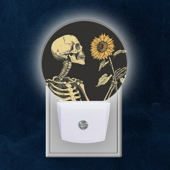 Night Light Plug into Wall,Dusk to Dawn Sensor Auto-On/Off for Bathroom, Hallway,Kids Room-Skeleton Holding Sunflower