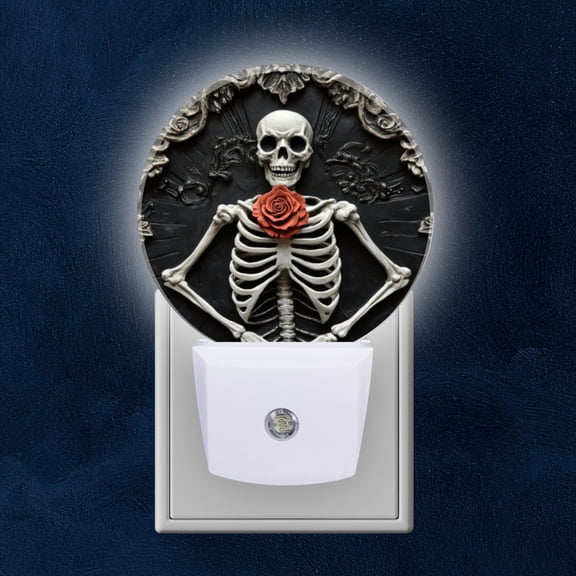 Night Light Plug into Wall,Dusk to Dawn Sensor Auto-On/Off for Bathroom, Hallway,Kids Room-Skeleton With Roses Background
