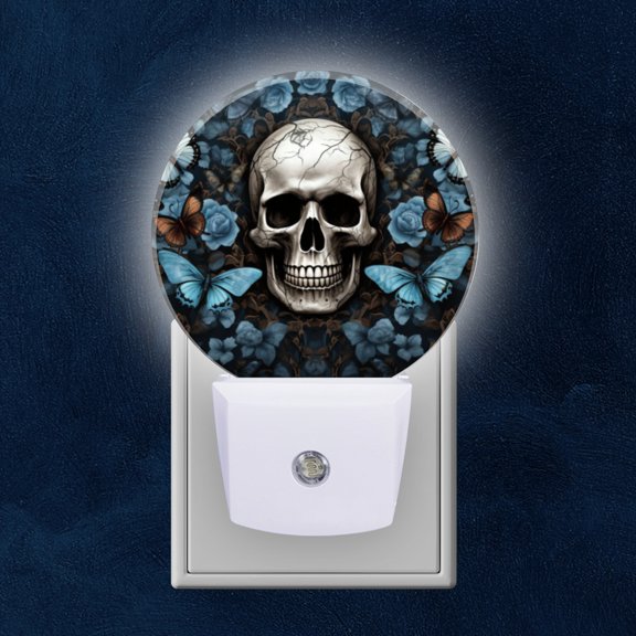 Night Light Plug into Wall,Dusk to Dawn Sensor Auto-On/Off for Bathroom, Hallway,Kids Room-Skull Surrounded By Blue Butterflies And Roses