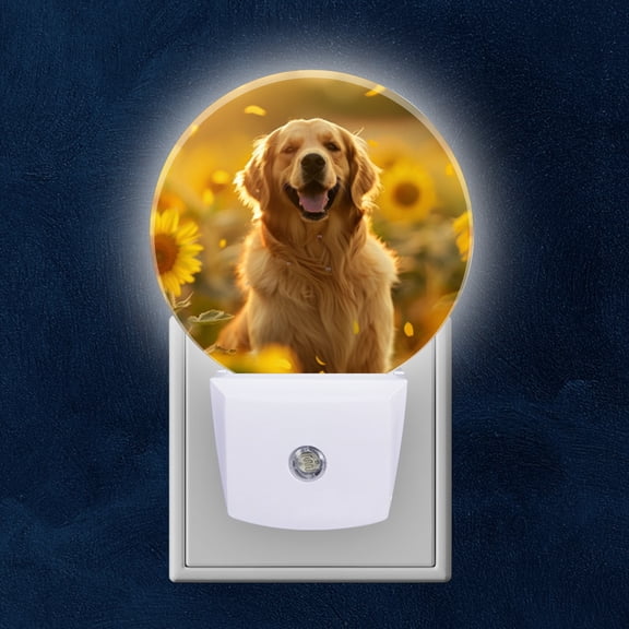 Night Light Plug into Wall,Dusk to Dawn Sensor Auto-On/Off for Bathroom, Hallway,Kids Room-Smiling Golden Retriever Dog In Sunflower Field