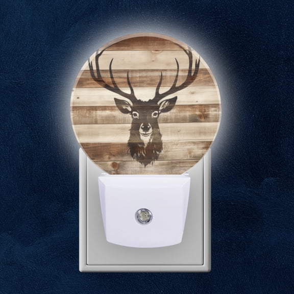 Night Light Plug into Wall,Dusk to Dawn Sensor Auto-On/Off for Bathroom, Hallway,Kids Room-Stenciled Deer Head With Antlers On Rustic Wood Background