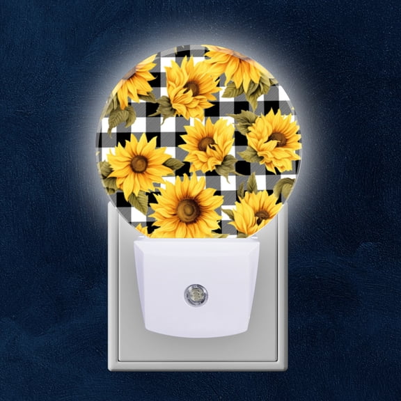 Night Light Plug into Wall,Dusk to Dawn Sensor Auto-On/Off for Bathroom, Hallway,Kids Room-Sunflower Pattern On Checkered Background