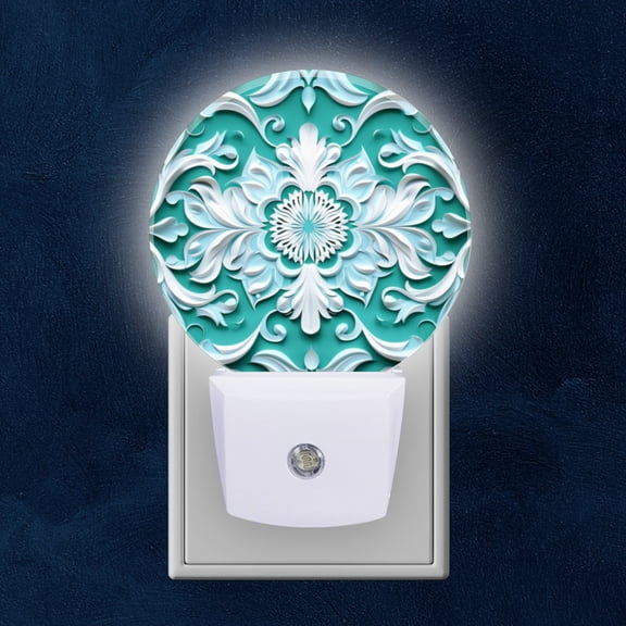 Night Light Plug into Wall,Dusk to Dawn Sensor Auto-On/Off for Bathroom, Hallway,Kids Room-Teal And White Pattern Of Light Turquoise Background