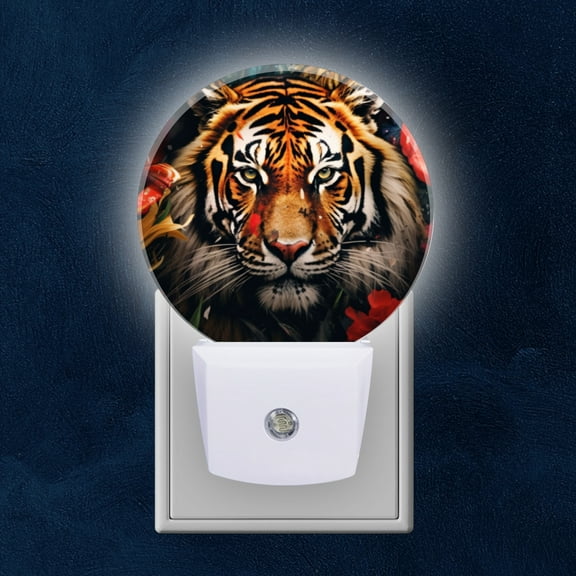 Night Light Plug into Wall,Dusk to Dawn Sensor Auto-On/Off for Bathroom, Hallway,Kids Room-Tiger Surrounded By Beautiful Flowers