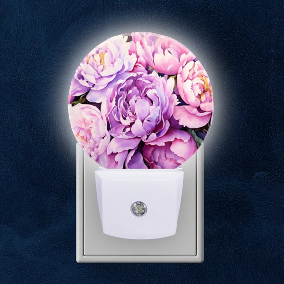 Night Light Plug into Wall,Dusk to Dawn Sensor Auto-On/Off for Bathroom, Hallway,Kids Room-Vibrant Watercolor Painting Of Pink And Purple Peonies