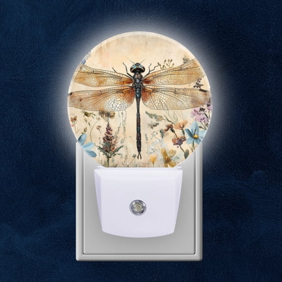 Night Light Plug into Wall,Dusk to Dawn Sensor Auto-On/Off for Bathroom, Hallway,Kids Room-Vintage Dragonfly Surrounded By Wildflowers And Grasses