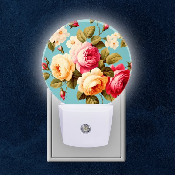 Night Light Plug into Wall,Dusk to Dawn Sensor Auto-On/Off for Bathroom, Hallway,Kids Room-Vintage Floral Pattern With Roses On Blue Background