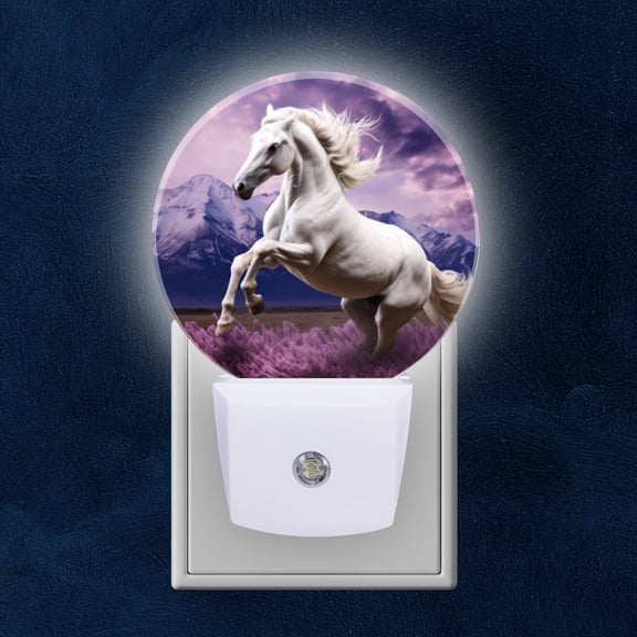 Night Light Plug into Wall,Dusk to Dawn Sensor Auto-On/Off for Bathroom, Hallway,Kids Room-White Horse Rearing Up In Front Of Purple Mountains