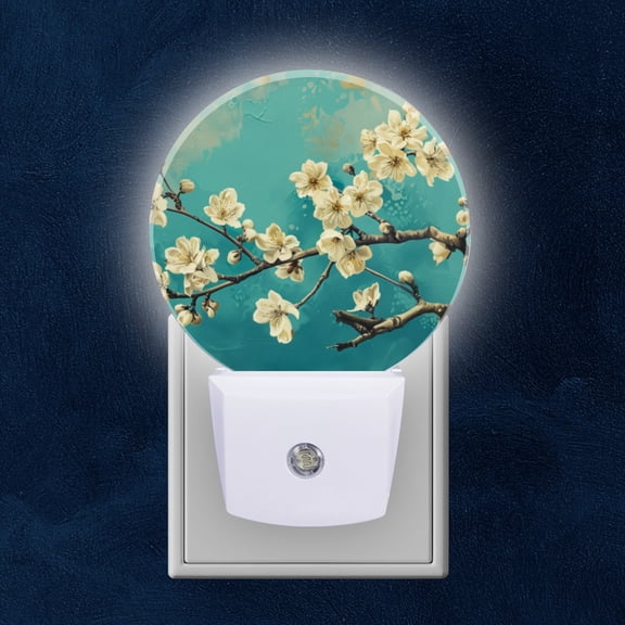 Night Light Plug into Wall,Dusk to Dawn Sensor Auto-On/Off for Bathroom, Hallway,Kids Room-White Plum Blossoms On Turquoise Background