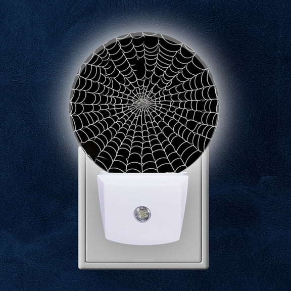 Night Light Plug into Wall,Dusk to Dawn Sensor Auto-On/Off for Bathroom, Hallway,Kids Room-White Spider Web Pattern On Black Background