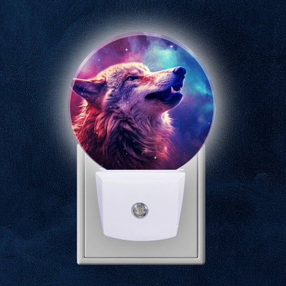 Night Light Plug into Wall,Dusk to Dawn Sensor Auto-On/Off for Bathroom, Hallway,Kids Room-Wolf Howling In The Galaxy With Space Background