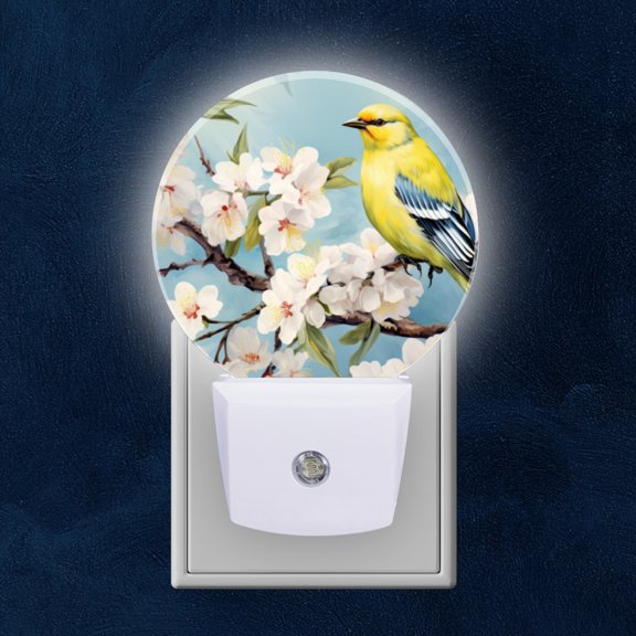 Night Light Plug into Wall,Dusk to Dawn Sensor Auto-On/Off for Bathroom, Hallway,Kids Room-Yellow Finch Sitting On A Cherry Blossom Branch