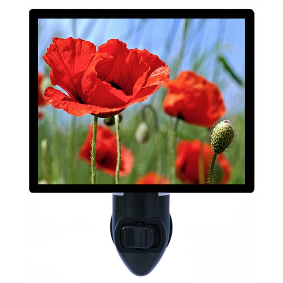 Night Light - Red Poppies. | Flower Theme, Includes Free Switchable Insert, 4W Bulb, E12 Base